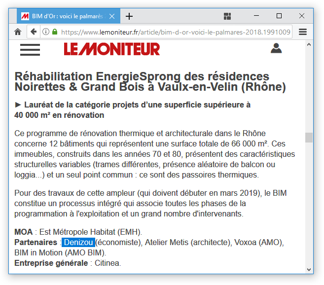 BIM d'argent - article du Moniteur.